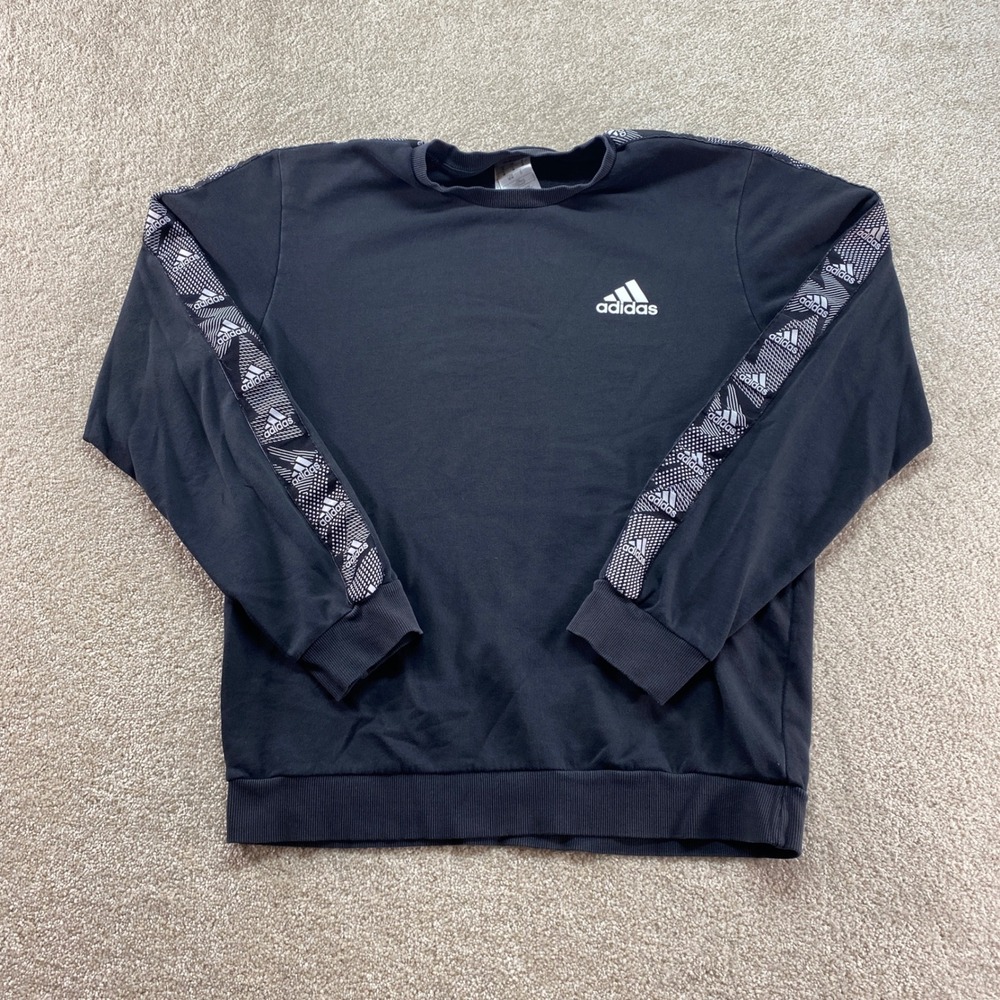 Adidas Sweatshirt Mens Size Medium Black Crew Neck Tape Logo Casual Athletic